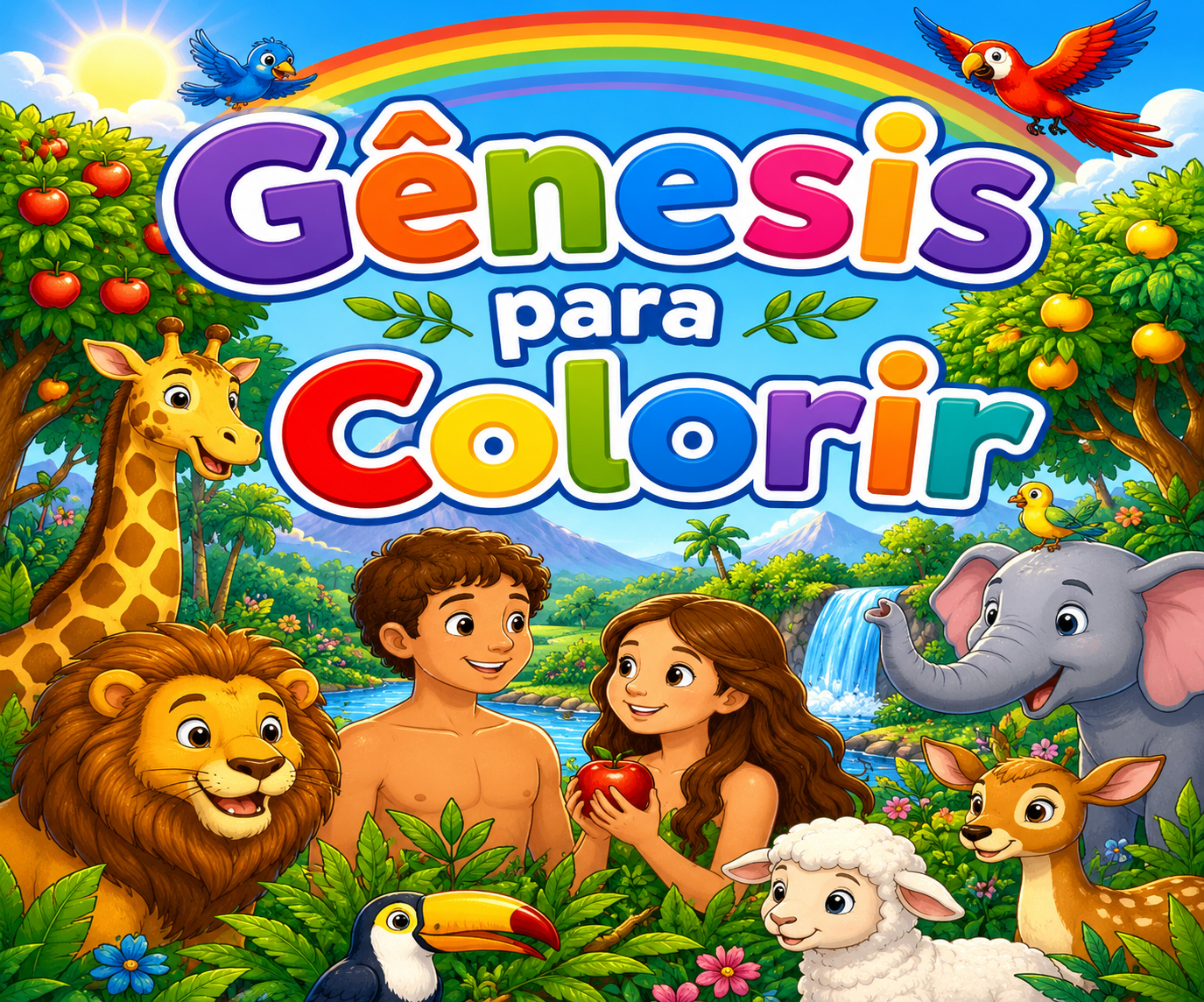 Capa colorida do kit Gênesis para Colorir com personagens bíblicos e animais